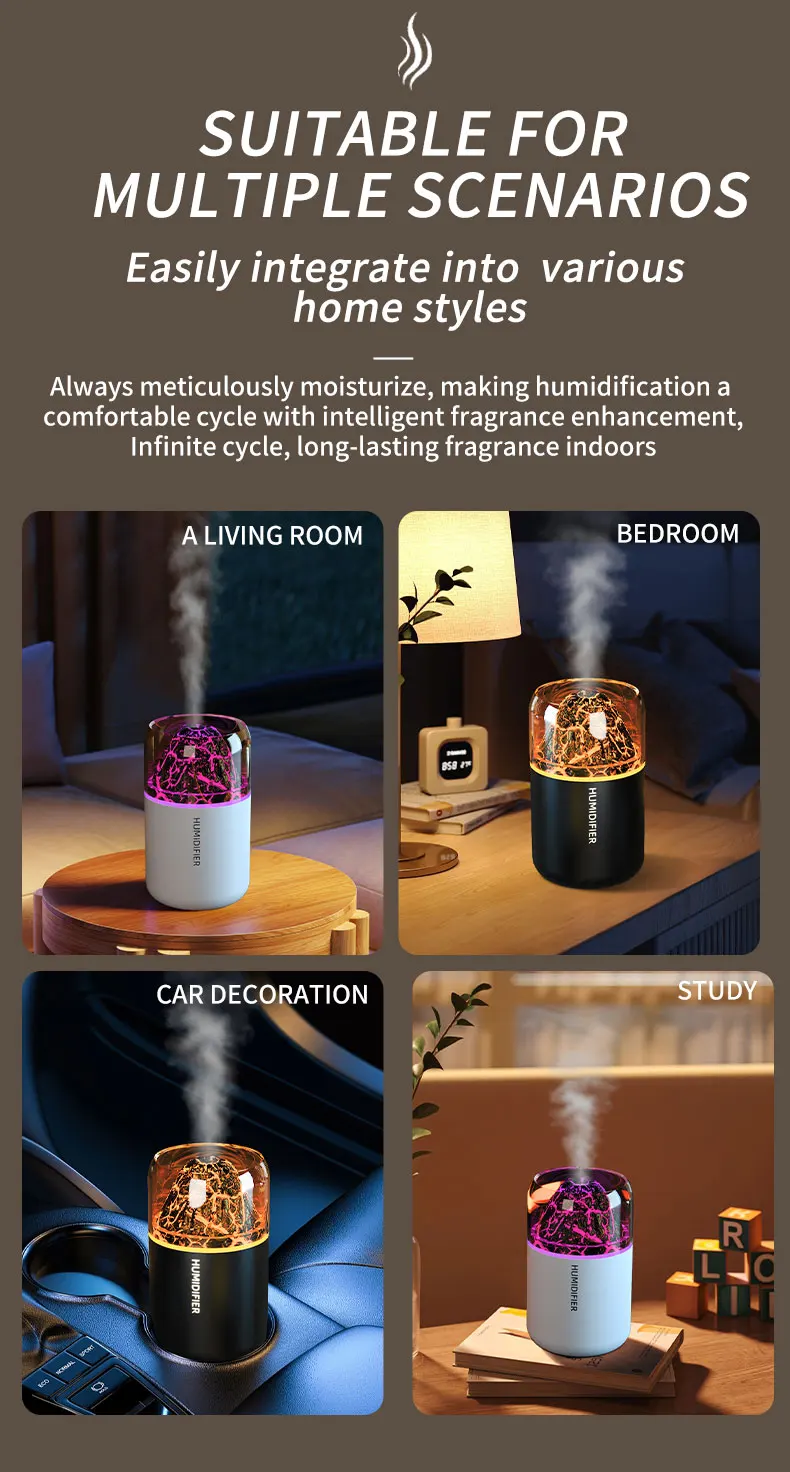 The simulated volcanic color lamp humidifier USB aromatherapy diffuser is suitable for use in cars, homes, bedrooms, as a gift,