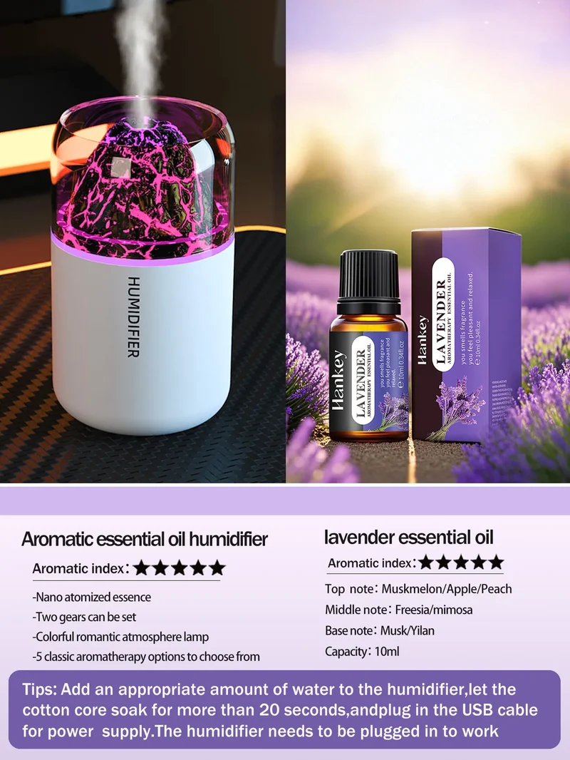 The simulated volcanic color lamp humidifier USB aromatherapy diffuser is suitable for use in cars, homes, bedrooms, as a gift,