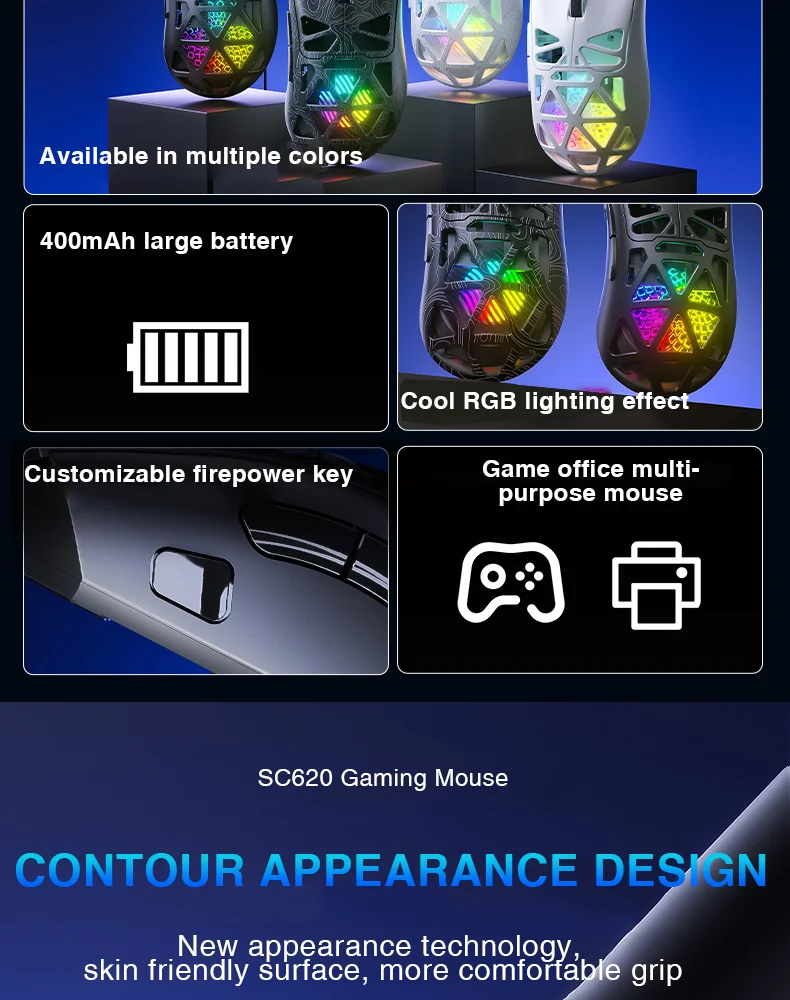 AULA SC620 Wireless Gaming Mouse, Lightweight Design, Multiple Lighting Effects, Customizable Fire Button, Optical Movement Dete
