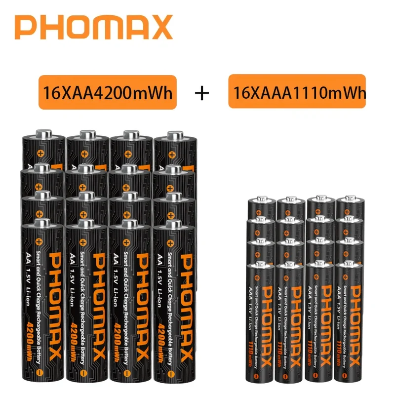 PHOMAX New Fast Charger&Rechargeable Battery,1.5V AA 4200mWh & AAA 1110mWh Lithium Battery For Remote Control Mouse SmartDoor