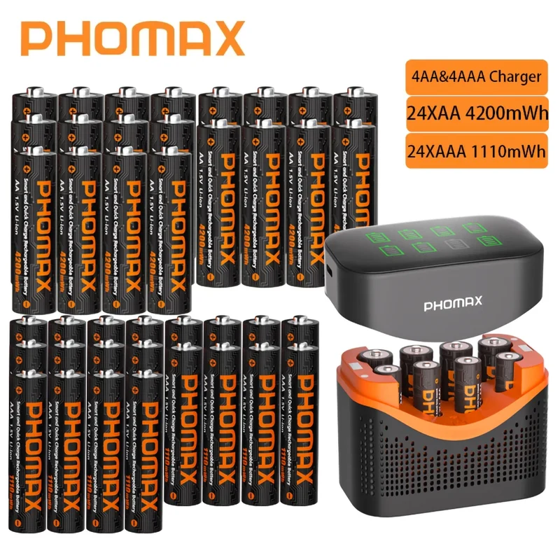 PHOMAX New Fast Charger&Rechargeable Battery,1.5V AA 4200mWh & AAA 1110mWh Lithium Battery For Remote Control Mouse SmartDoor