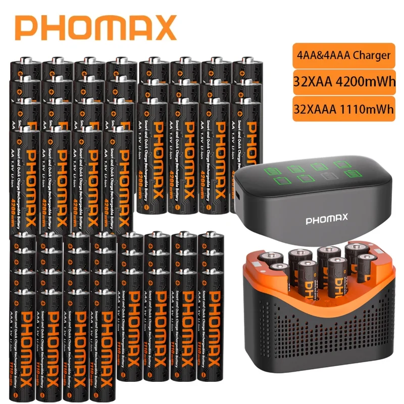 PHOMAX New Fast Charger&Rechargeable Battery,1.5V AA 4200mWh & AAA 1110mWh Lithium Battery For Remote Control Mouse SmartDoor