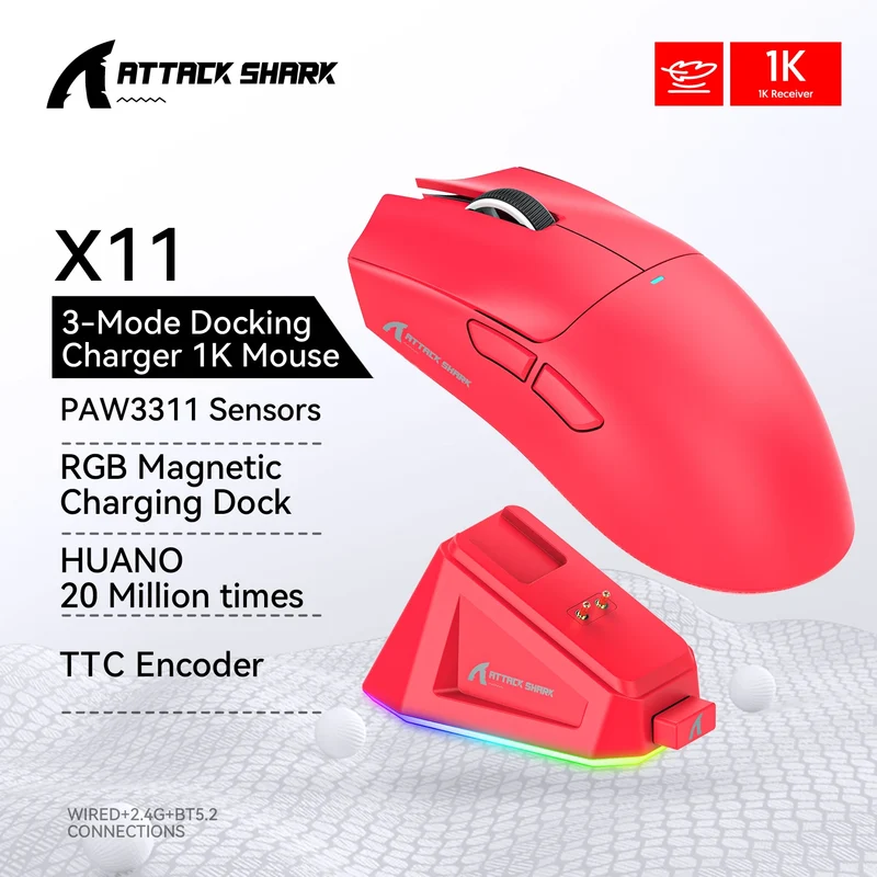 ATTACK SHARK X11 Wireless Gaming Mouse PAW3311 Sensor 22000DPI 3 Modes Wired 2.4G BT 280mAh Rechargeable Mouse