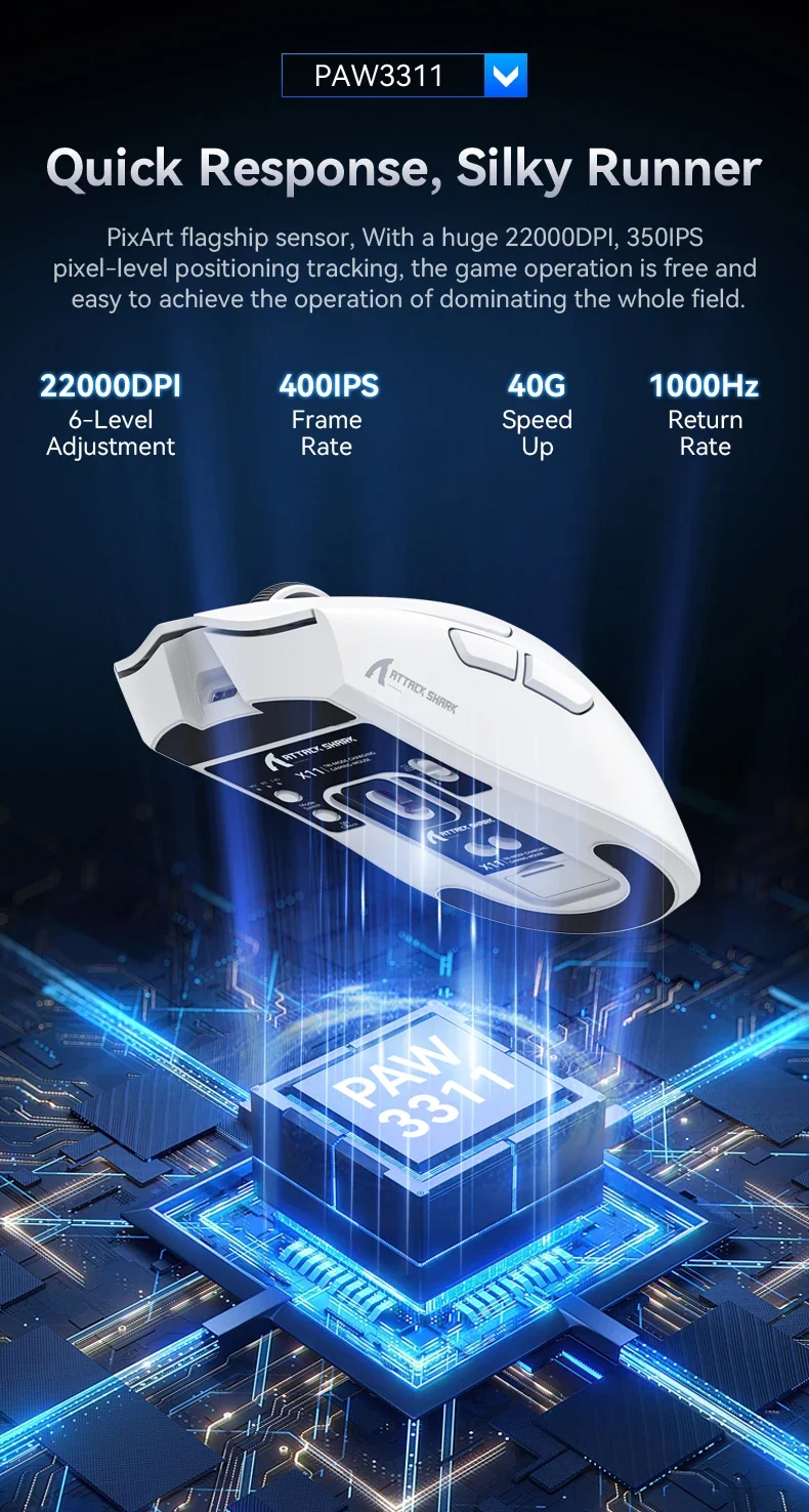 ATTACK SHARK X11 Wireless Gaming Mouse PAW3311 Sensor 22000DPI 3 Modes Wired 2.4G BT 280mAh Rechargeable Mouse