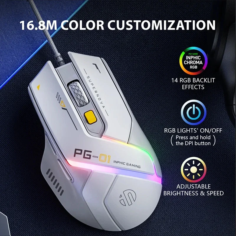 Inphic PG1 PG9 RGB Wired Gaming Mouse Ergonomics 1000Hz Polling Rate Stable Connection For Desktop And Laptop Computers