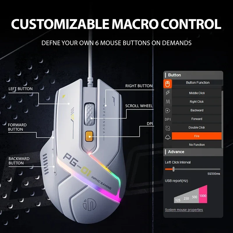 Inphic PG1 PG9 RGB Wired Gaming Mouse Ergonomics 1000Hz Polling Rate Stable Connection For Desktop And Laptop Computers