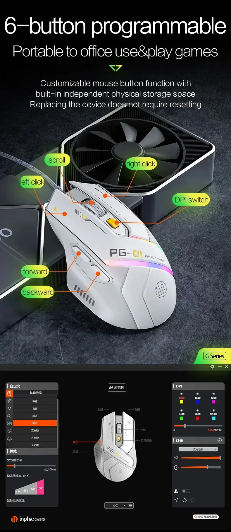 Inphic PG1 PG9 RGB Wired Gaming Mouse Ergonomics 1000Hz Polling Rate Stable Connection For Desktop And Laptop Computers