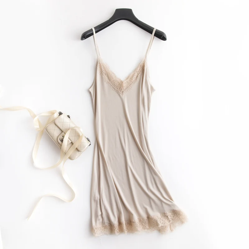 Tangge Spring and Summer Mulberry Silk Loose V-neck Lace Silk Sling Nightdress Sexy Pajamas Silk Base Petticoat