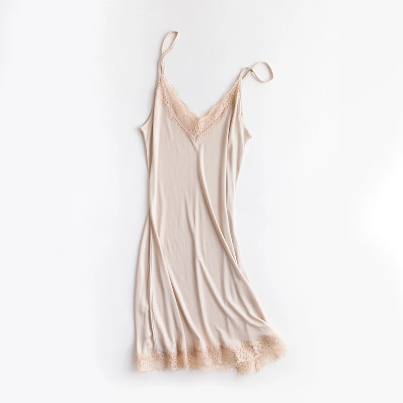 Tangge Spring and Summer Mulberry Silk Loose V-neck Lace Silk Sling Nightdress Sexy Pajamas Silk Base Petticoat