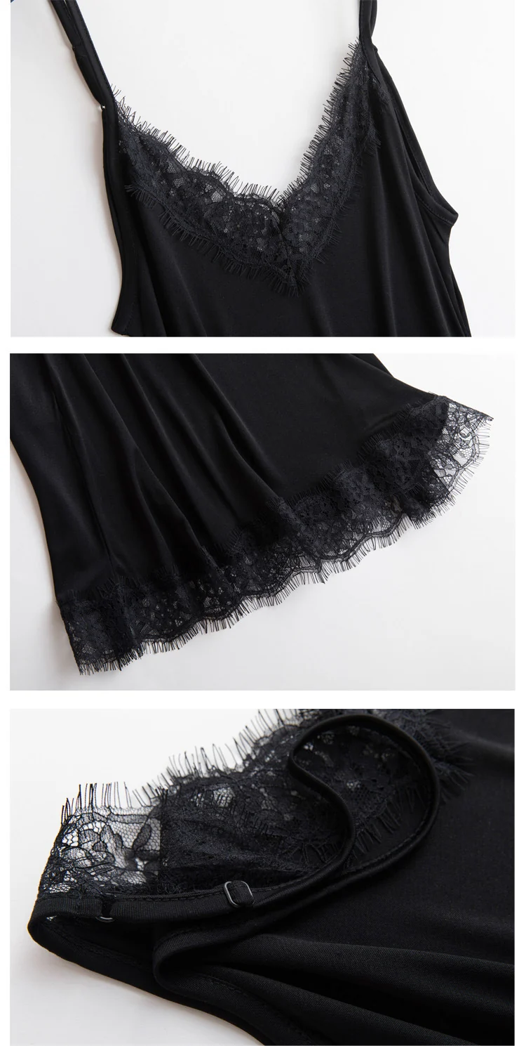 Tangge Spring and Summer Mulberry Silk Loose V-neck Lace Silk Sling Nightdress Sexy Pajamas Silk Base Petticoat