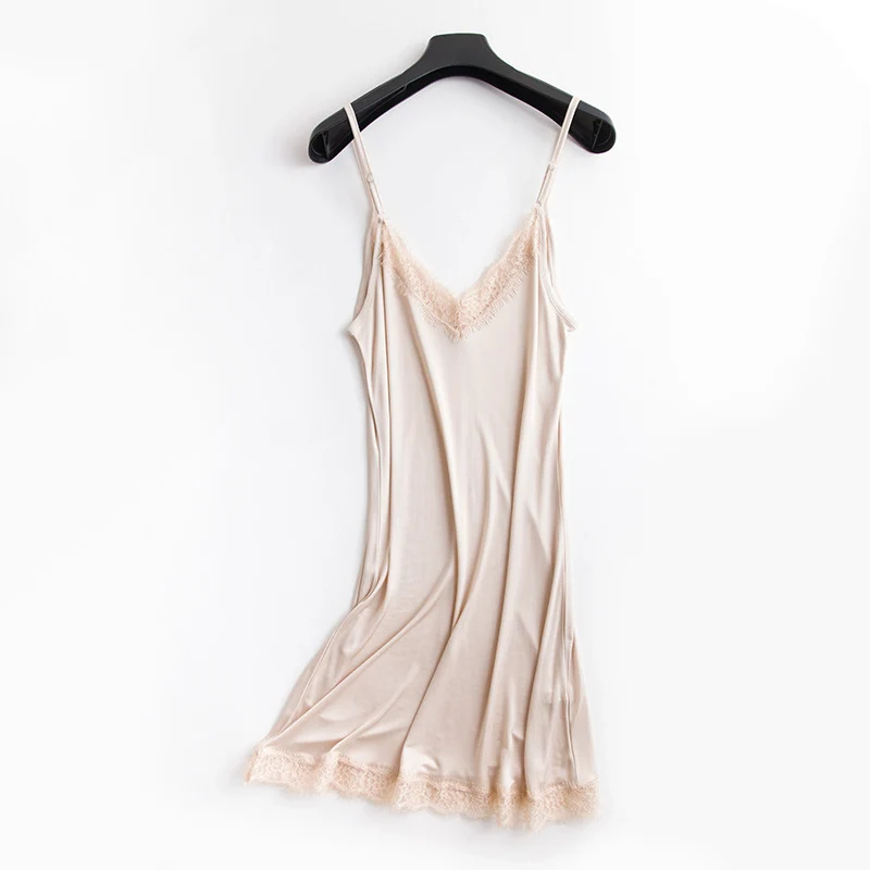 Tangge Spring and Summer Mulberry Silk Loose V-neck Lace Silk Sling Nightdress Sexy Pajamas Silk Base Petticoat
