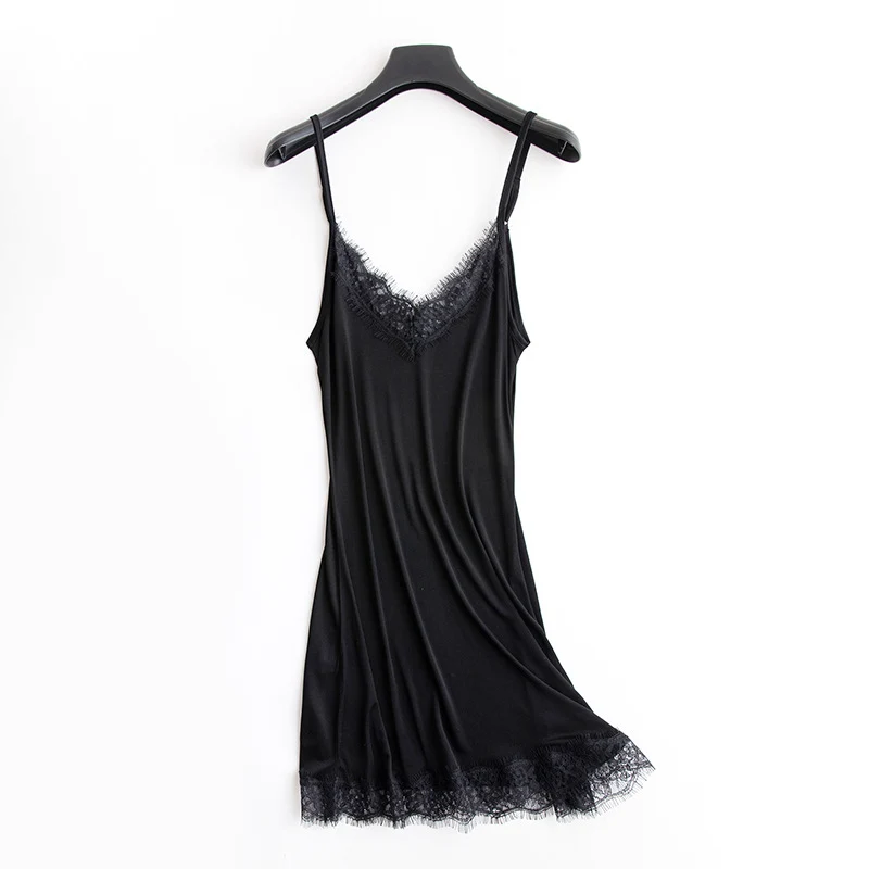 Tangge Spring and Summer Mulberry Silk Loose V-neck Lace Silk Sling Nightdress Sexy Pajamas Silk Base Petticoat