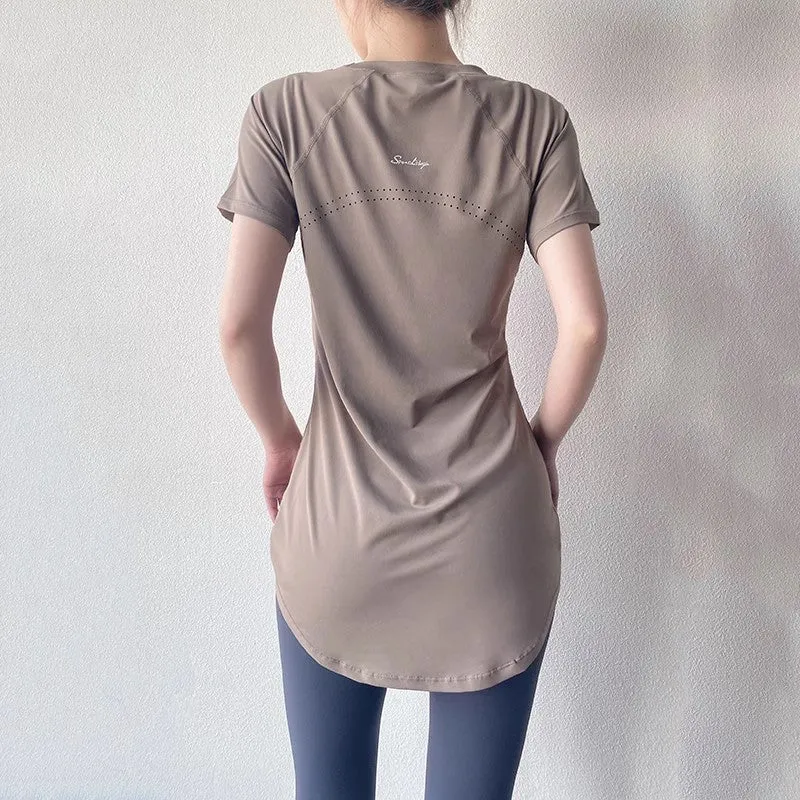 Yoga Clothing Short-sleeved Summer New Mid-length Hip Covering Slimming Quick-drying Top Breathable Fitness Sports T-shirt Women's Thin