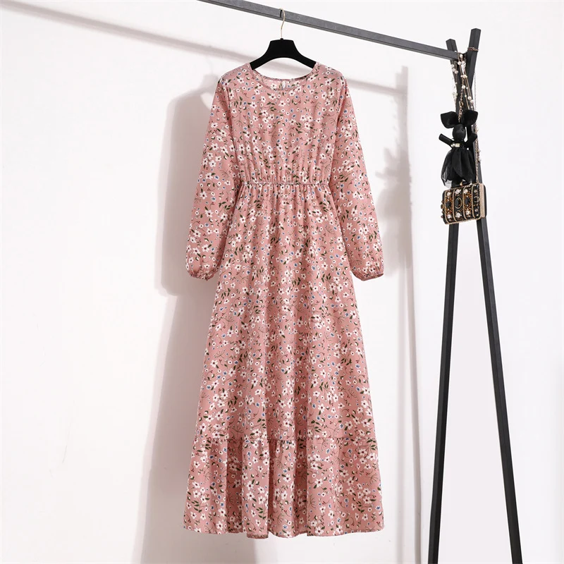 Cross-border Foreign Trade Floral Chiffon Long Dress Women's Spring Dress Long Sleeve Crewneck Base Skirt Waist Slim Long Dress