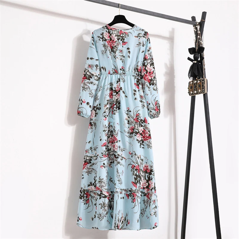 Cross-border Foreign Trade Floral Chiffon Long Dress Women's Spring Dress Long Sleeve Crewneck Base Skirt Waist Slim Long Dress