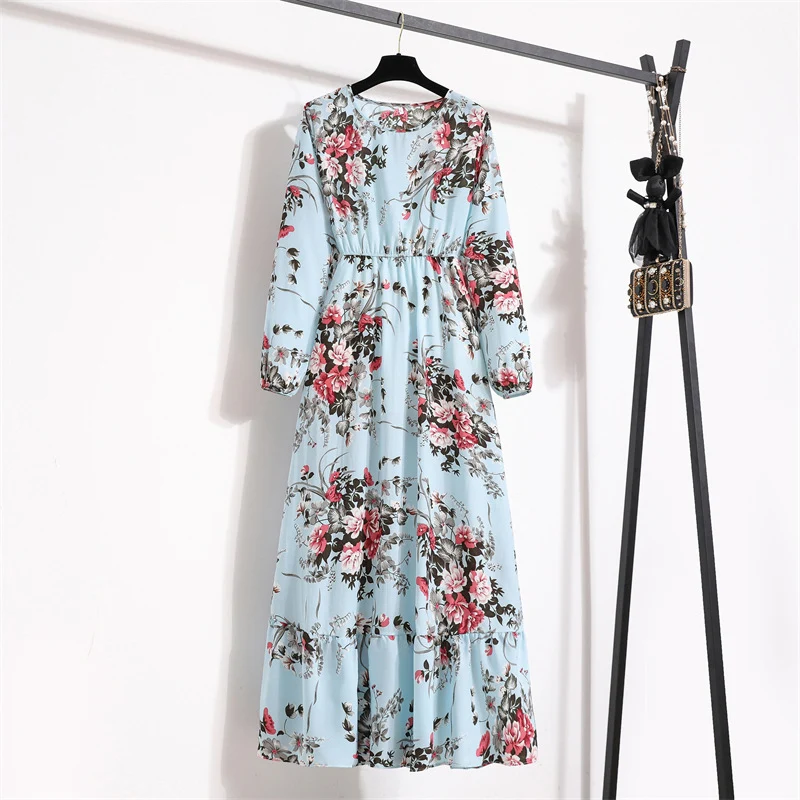Cross-border Foreign Trade Floral Chiffon Long Dress Women's Spring Dress Long Sleeve Crewneck Base Skirt Waist Slim Long Dress