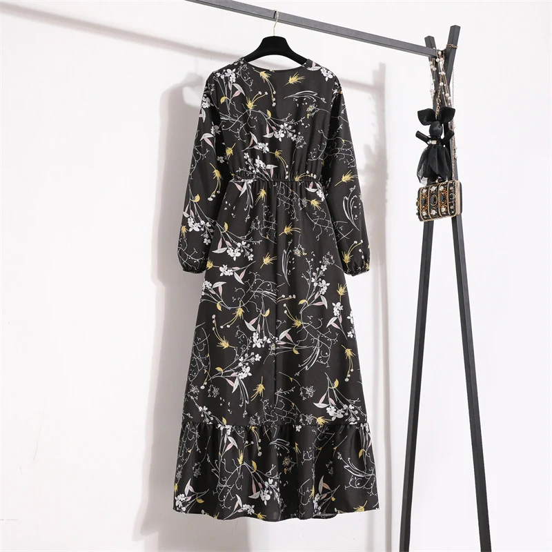 Cross-border Foreign Trade Floral Chiffon Long Dress Women's Spring Dress Long Sleeve Crewneck Base Skirt Waist Slim Long Dress