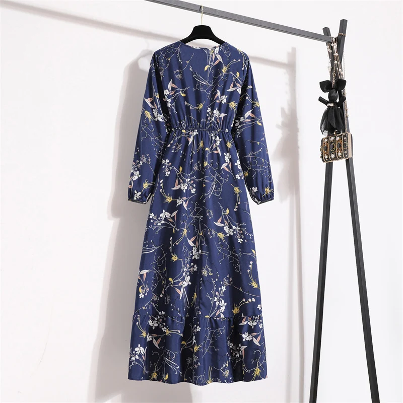 Cross-border Foreign Trade Floral Chiffon Long Dress Women's Spring Dress Long Sleeve Crewneck Base Skirt Waist Slim Long Dress