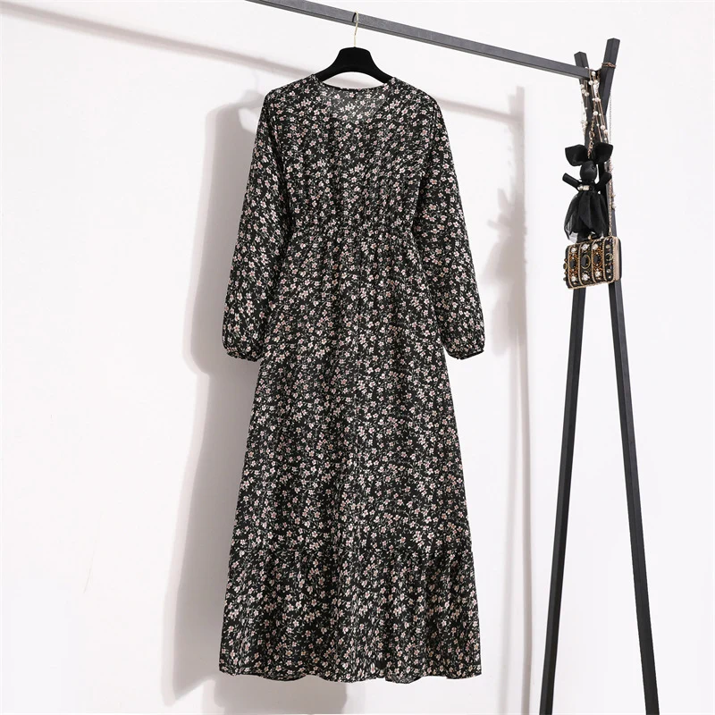 Cross-border Foreign Trade Floral Chiffon Long Dress Women's Spring Dress Long Sleeve Crewneck Base Skirt Waist Slim Long Dress