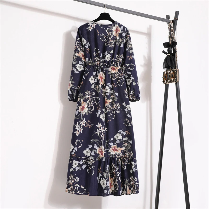 Cross-border Foreign Trade Floral Chiffon Long Dress Women's Spring Dress Long Sleeve Crewneck Base Skirt Waist Slim Long Dress