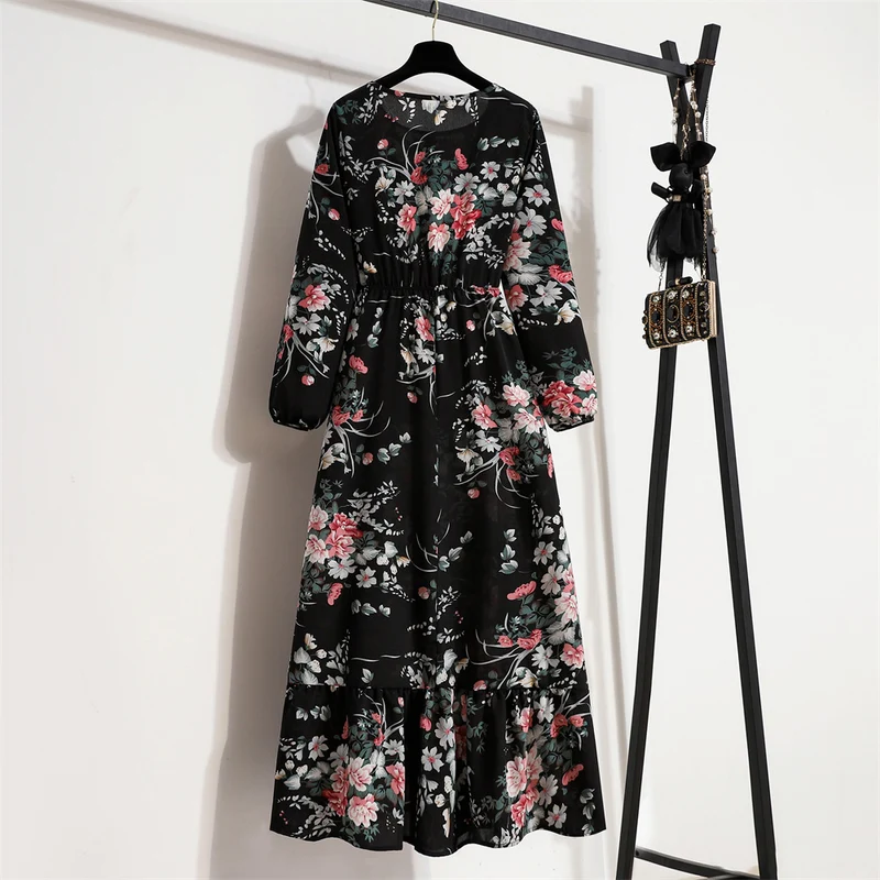 Cross-border Foreign Trade Floral Chiffon Long Dress Women's Spring Dress Long Sleeve Crewneck Base Skirt Waist Slim Long Dress