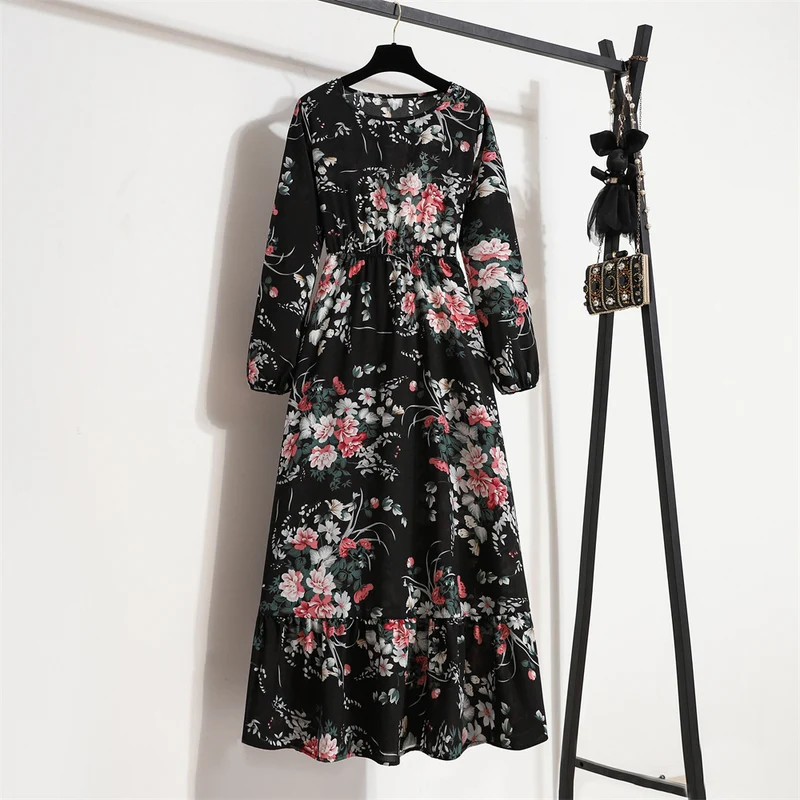 Cross-border Foreign Trade Floral Chiffon Long Dress Women's Spring Dress Long Sleeve Crewneck Base Skirt Waist Slim Long Dress