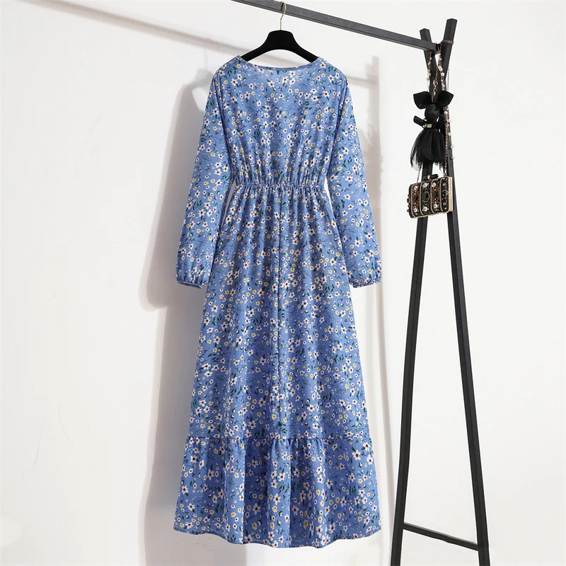 Cross-border Foreign Trade Floral Chiffon Long Dress Women's Spring Dress Long Sleeve Crewneck Base Skirt Waist Slim Long Dress