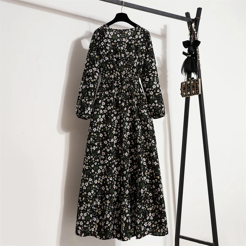 Cross-border Foreign Trade Floral Chiffon Long Dress Women's Spring Dress Long Sleeve Crewneck Base Skirt Waist Slim Long Dress