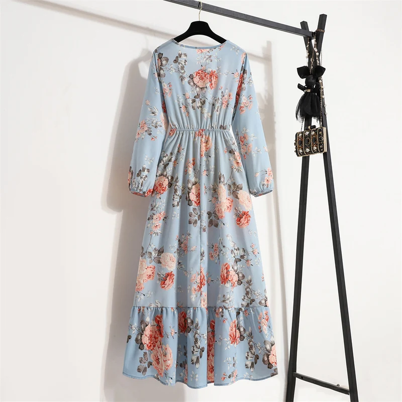 Cross-border Foreign Trade Floral Chiffon Long Dress Women's Spring Dress Long Sleeve Crewneck Base Skirt Waist Slim Long Dress