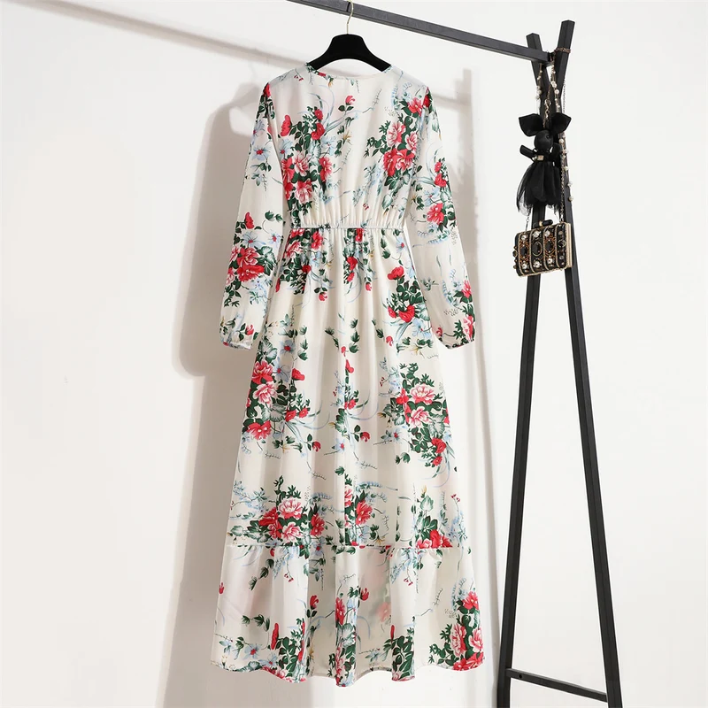 Cross-border Foreign Trade Floral Chiffon Long Dress Women's Spring Dress Long Sleeve Crewneck Base Skirt Waist Slim Long Dress