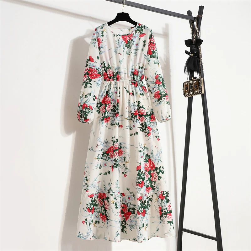 Cross-border Foreign Trade Floral Chiffon Long Dress Women's Spring Dress Long Sleeve Crewneck Base Skirt Waist Slim Long Dress