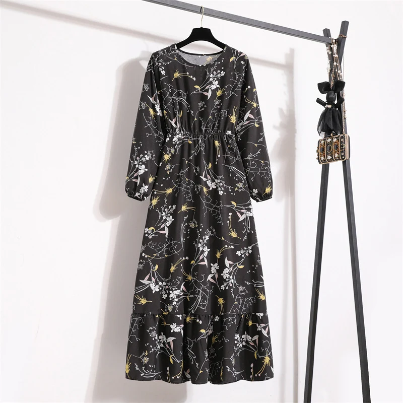 Cross-border Foreign Trade Floral Chiffon Long Dress Women's Spring Dress Long Sleeve Crewneck Base Skirt Waist Slim Long Dress