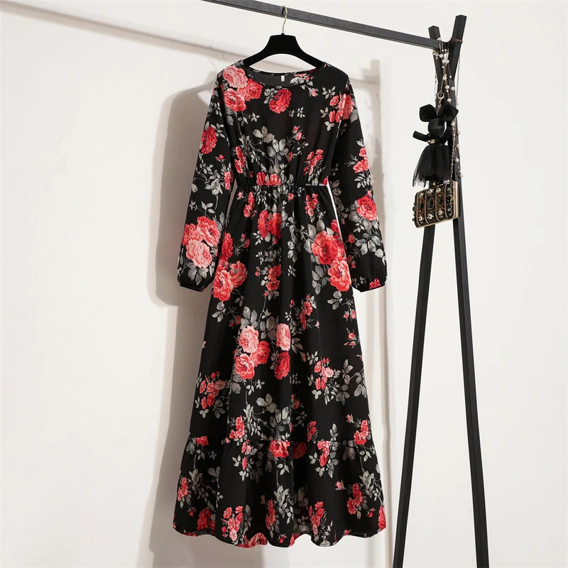 Cross-border Foreign Trade Floral Chiffon Long Dress Women's Spring Dress Long Sleeve Crewneck Base Skirt Waist Slim Long Dress