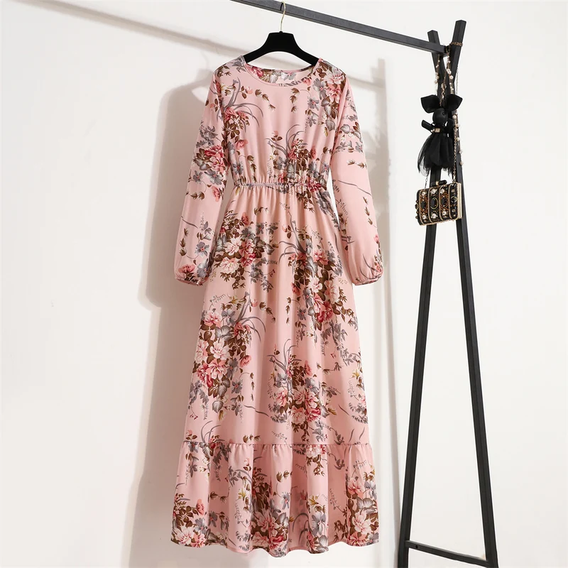 Cross-border Foreign Trade Floral Chiffon Long Dress Women's Spring Dress Long Sleeve Crewneck Base Skirt Waist Slim Long Dress