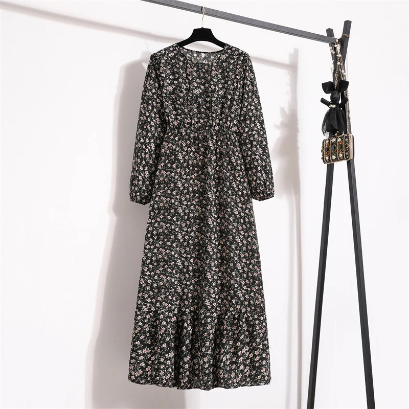 Cross-border Foreign Trade Floral Chiffon Long Dress Women's Spring Dress Long Sleeve Crewneck Base Skirt Waist Slim Long Dress