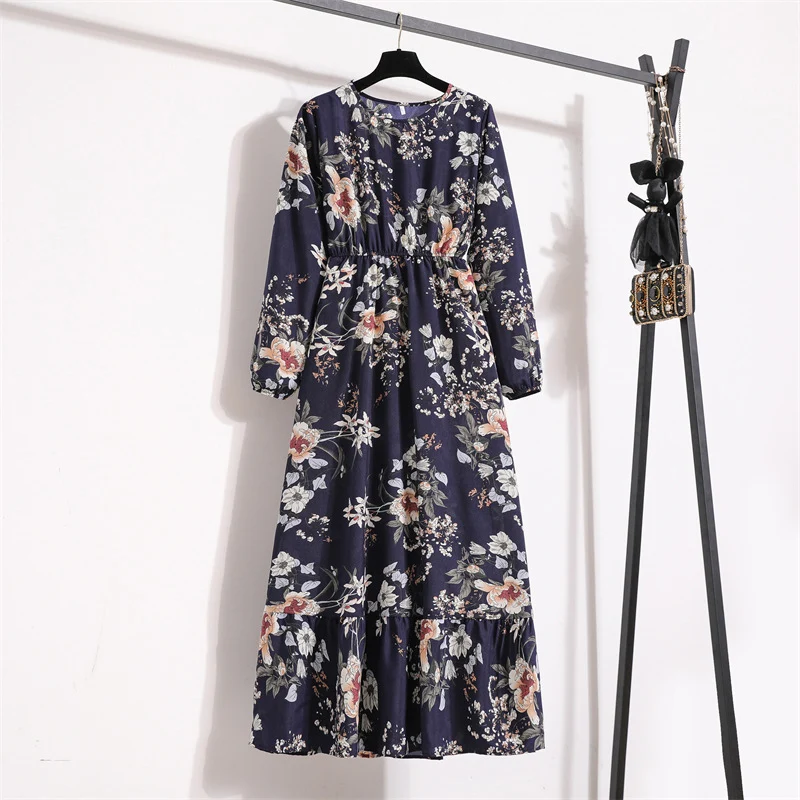 Cross-border Foreign Trade Floral Chiffon Long Dress Women's Spring Dress Long Sleeve Crewneck Base Skirt Waist Slim Long Dress