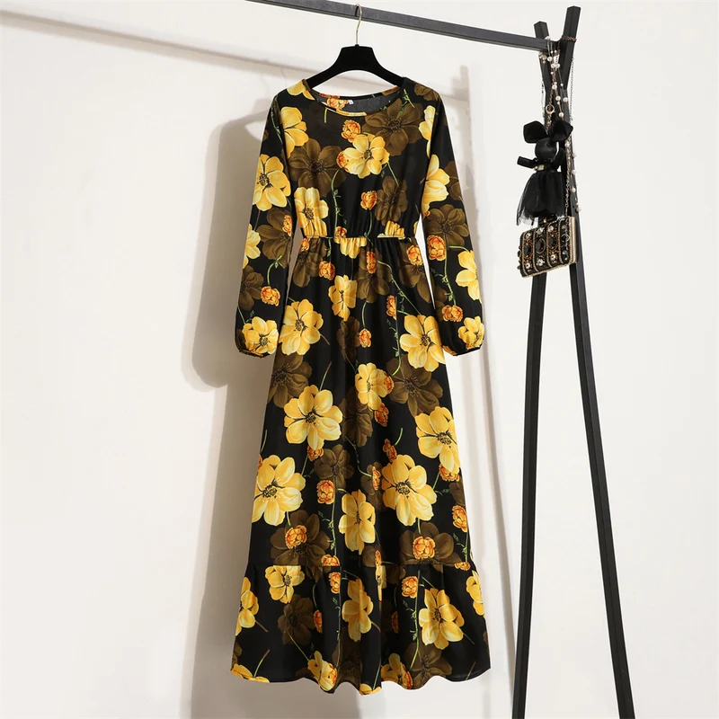 Cross-border Foreign Trade Floral Chiffon Long Dress Women's Spring Dress Long Sleeve Crewneck Base Skirt Waist Slim Long Dress