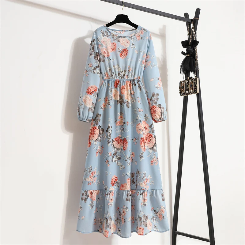 Cross-border Foreign Trade Floral Chiffon Long Dress Women's Spring Dress Long Sleeve Crewneck Base Skirt Waist Slim Long Dress