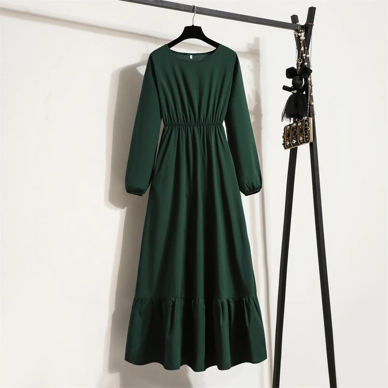 Cross-border Foreign Trade Floral Chiffon Long Dress Women's Spring Dress Long Sleeve Crewneck Base Skirt Waist Slim Long Dress