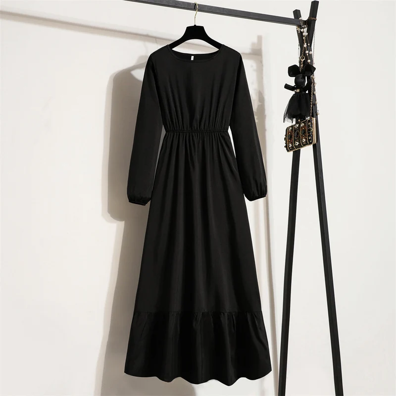 Cross-border Foreign Trade Floral Chiffon Long Dress Women's Spring Dress Long Sleeve Crewneck Base Skirt Waist Slim Long Dress
