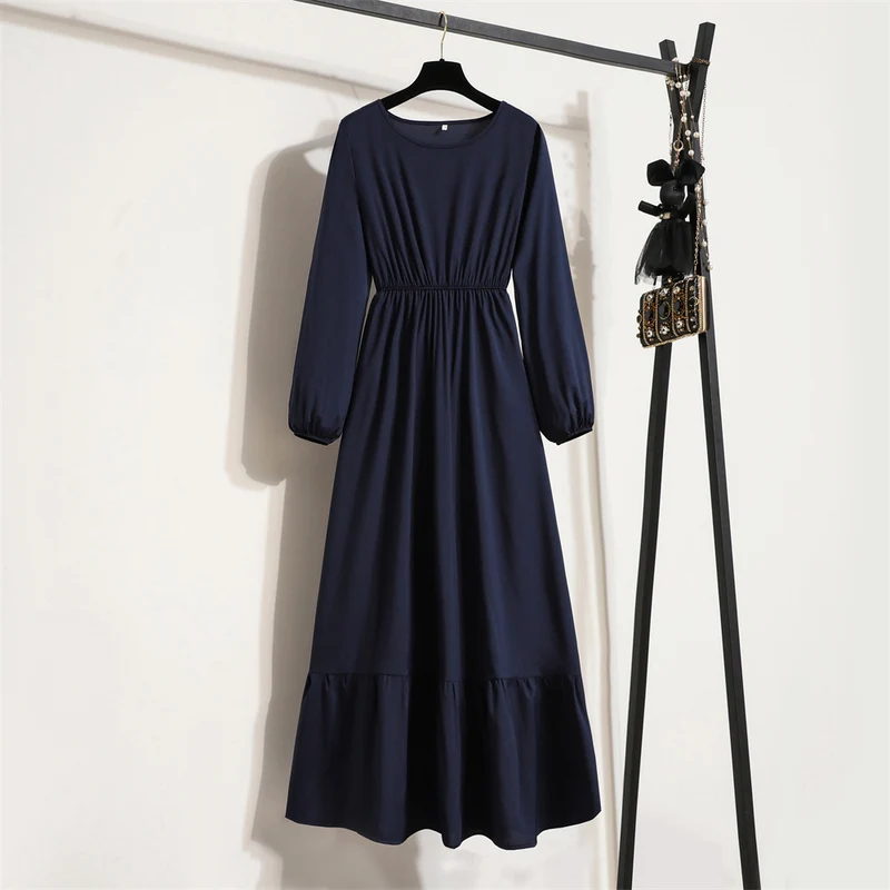 Cross-border Foreign Trade Floral Chiffon Long Dress Women's Spring Dress Long Sleeve Crewneck Base Skirt Waist Slim Long Dress