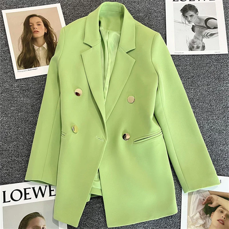 Green Metal Buckle Korean Style 2024 Spring and Autumn New Milk White Suit Jacket Women's Casual All-match High-end Suit
