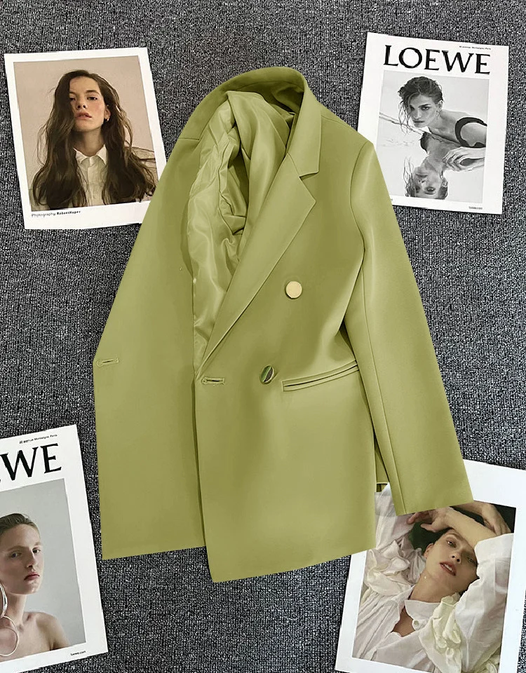 Green Metal Buckle Korean Style 2024 Spring and Autumn New Milk White Suit Jacket Women's Casual All-match High-end Suit
