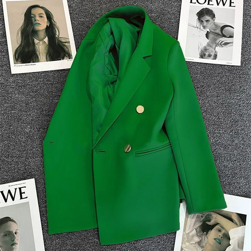 Green Metal Buckle Korean Style 2024 Spring and Autumn New Milk White Suit Jacket Women's Casual All-match High-end Suit