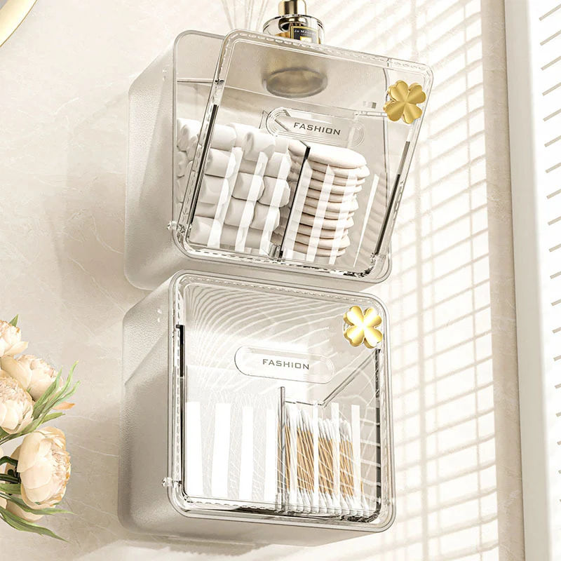 Cotton Swab Storage Box, Wall-Mounted, No-Drill, Elastic Band, Makeup Cotton, Makeup Remover Wipes Storage Box, Bathroom Hairpin Organizer Box