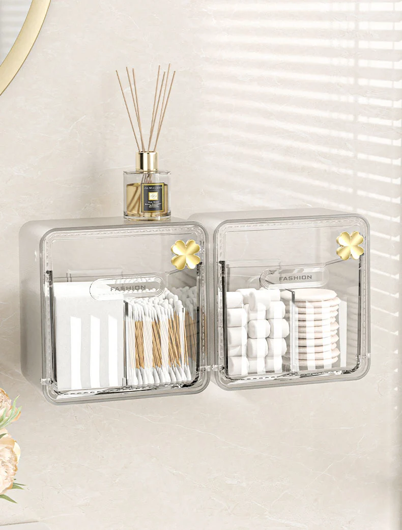 Cotton Swab Storage Box, Wall-Mounted, No-Drill, Elastic Band, Makeup Cotton, Makeup Remover Wipes Storage Box, Bathroom Hairpin Organizer Box