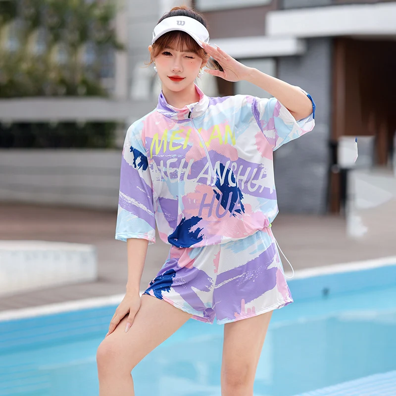 Sports Swimsuit Women's Split Bikini Three-piece Set Small Chest Gathering Belly Covering Slimming Conservative Flat-angle Hot Spring Swimsuit