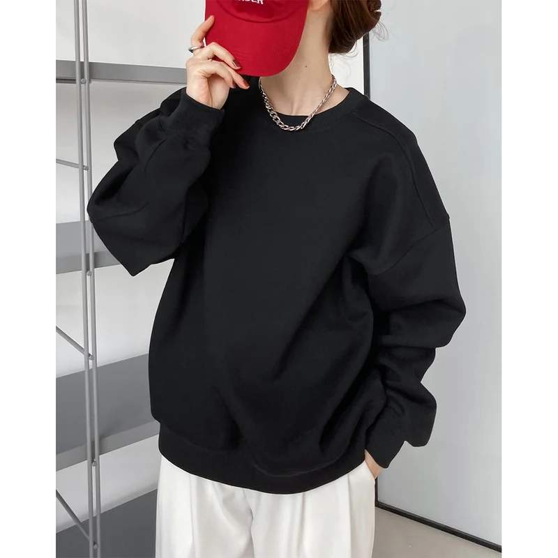 Luxi 2025 Autumn and Winter New Style Velvet Thickeneded Burgundy Sweatshirt for Women Korean Style Normcore Long-Sleeved Pullover Top 2628