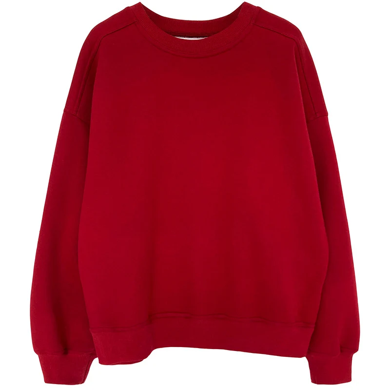 Luxi 2025 Autumn and Winter New Style Velvet Thickeneded Burgundy Sweatshirt for Women Korean Style Normcore Long-Sleeved Pullover Top 2628