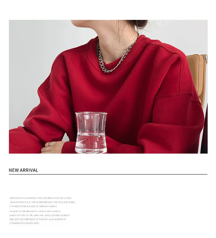 Luxi 2025 Autumn and Winter New Style Velvet Thickeneded Burgundy Sweatshirt for Women Korean Style Normcore Long-Sleeved Pullover Top 2628